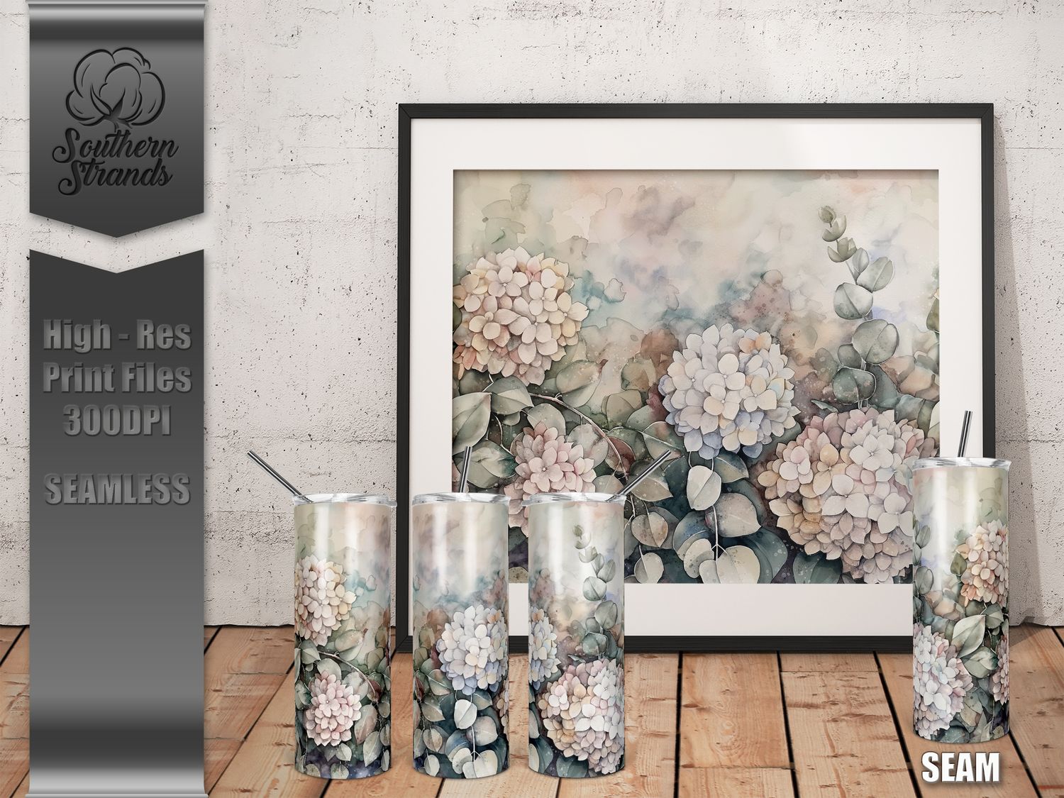 Watercolor Flowers - Hydrangea - Tumbler 20oz | SEAMLESS |  DIGITAL DESIGN