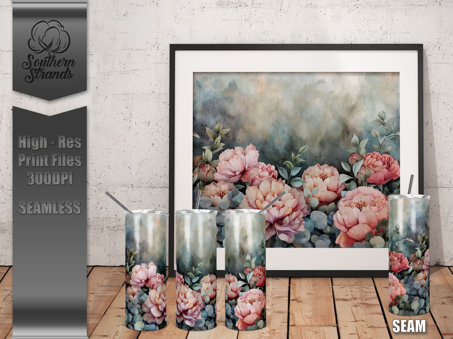 Watercolor Flowers - Peonies - Tumbler 20oz | SEAMLESS |  DIGITAL DESIGN