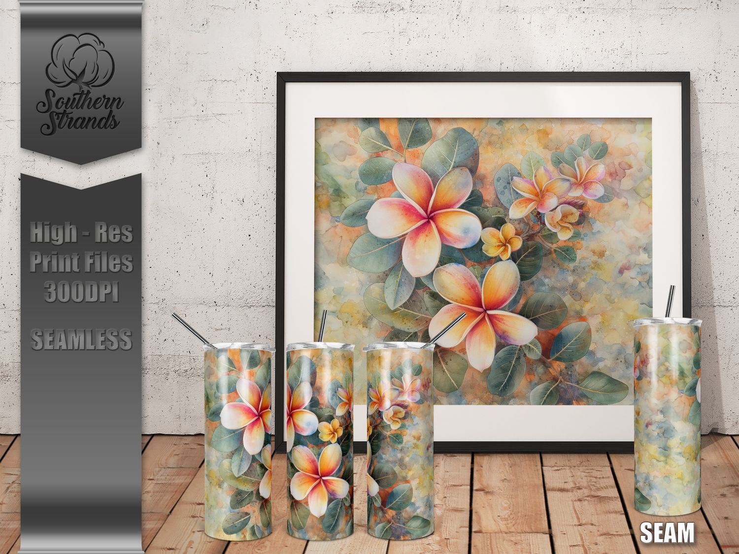 Watercolor Flowers - Plumaria - Tumbler 20oz | SEAMLESS |  DIGITAL DESIGN