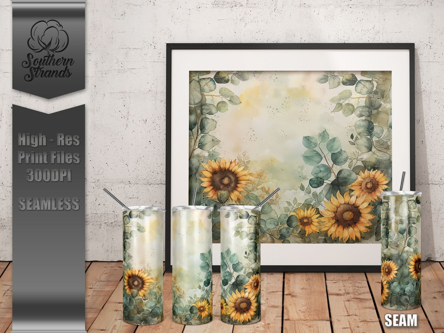 Watercolor Flowers - Sunflowers - Tumbler 20oz | SEAMLESS |  DIGITAL DESIGN
