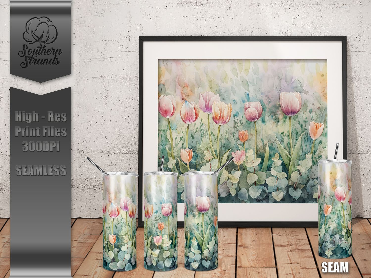 Watercolor Flowers - Tulips - Tumbler 20oz | SEAMLESS |  DIGITAL DESIGN