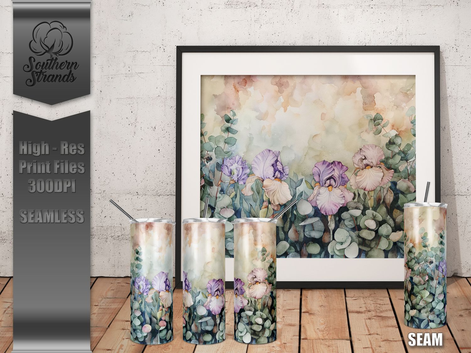 Watercolor Flowers - Purple Iris - Tumbler 20oz | SEAMLESS |  DIGITAL DESIGN