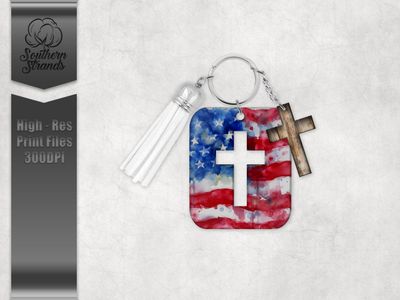 Cross In A Cross Watercolor American Flag - Key Chain