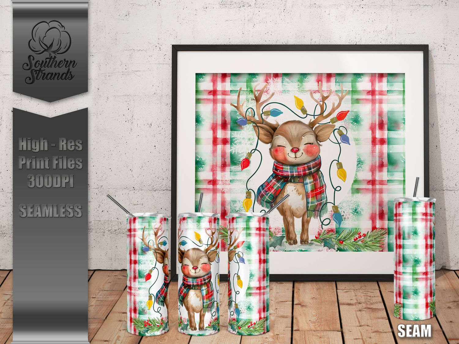 Painted Reindeer Tangled in Lights 20oz Tumbler | SEAMLESS |  DIGITAL DESIGN