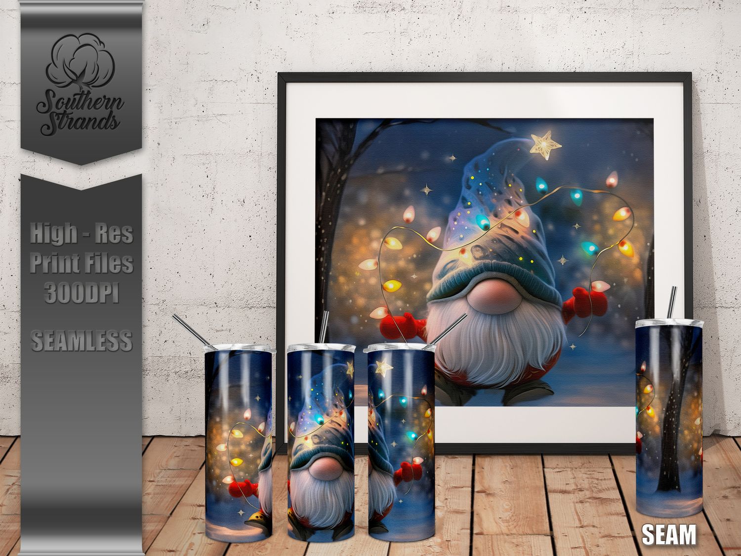 Christmas Gnome Holding a String of Lights 20oz Tumbler | SEAMLESS |  DIGITAL DESIGN