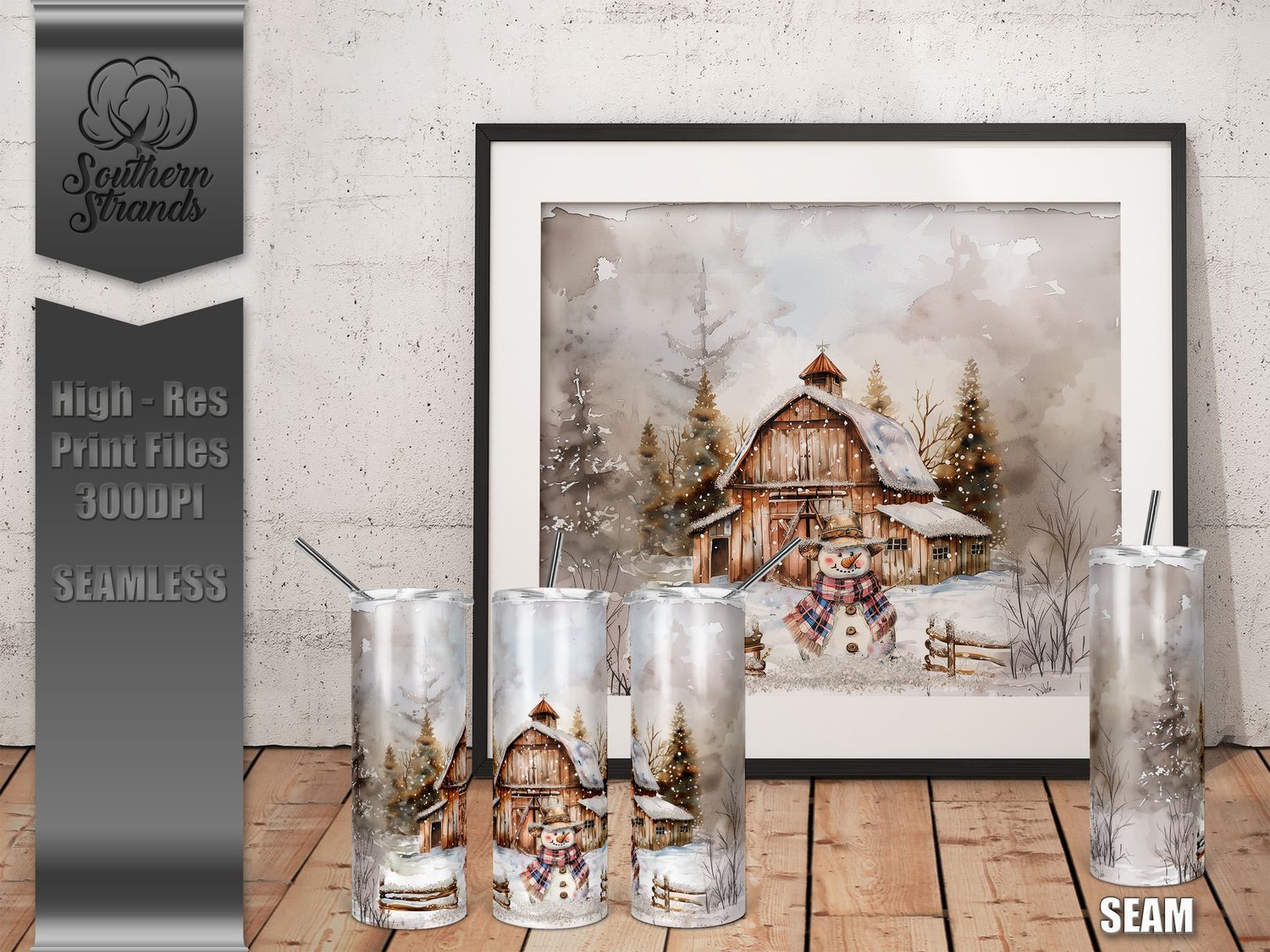 Watercolor Country Snowman 20oz Tumbler | SEAMLESS |  DIGITAL DESIGN