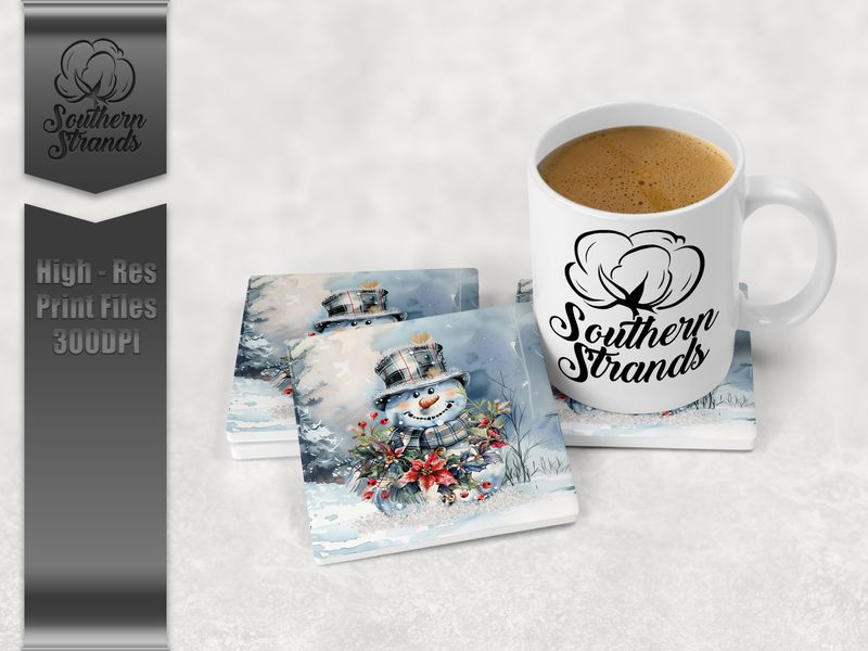 Painted Snowman With Garland Coaster - Round and Square | DIGITAL DESIGN