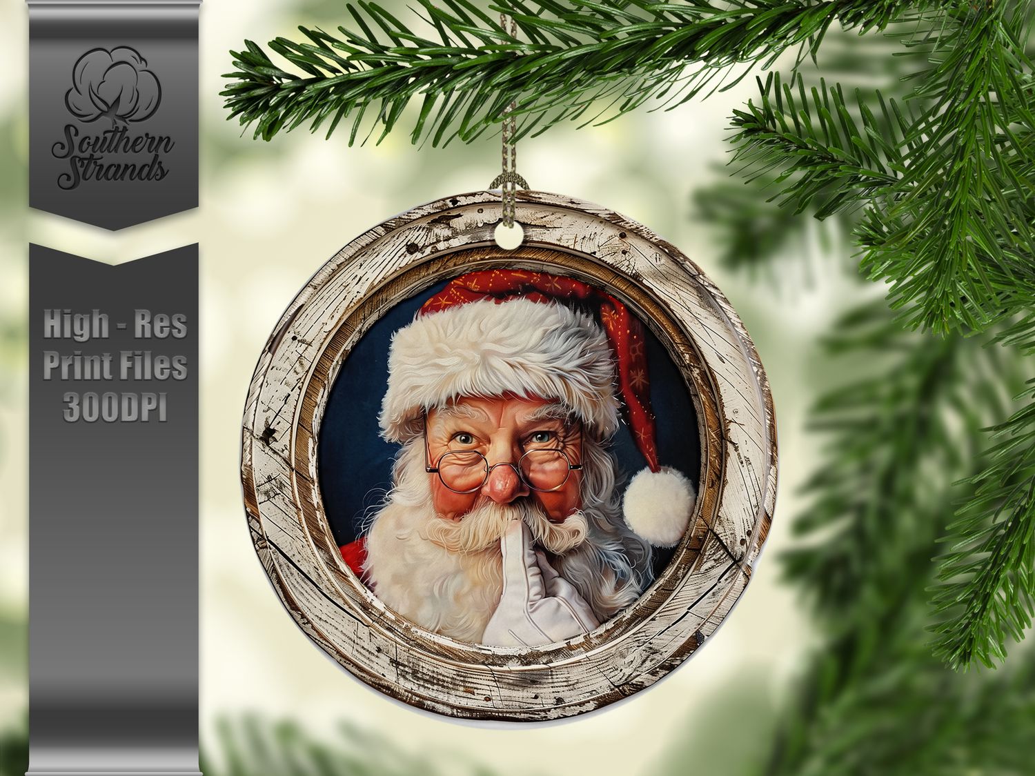 Santa Clause - Round Framed Cream Rustic Wood | DIGITAL DESIGN
