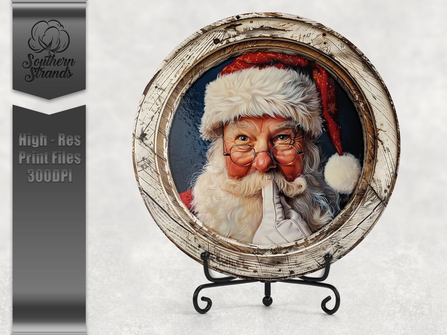 Santa Clause - Round Framed Cream Rustic Wood - Cutting Board | Digital Download