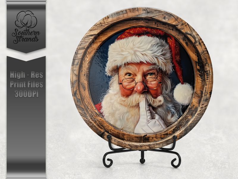 Santa Clause - Round Framed Rustic Wood - Cutting Board | Digital Download