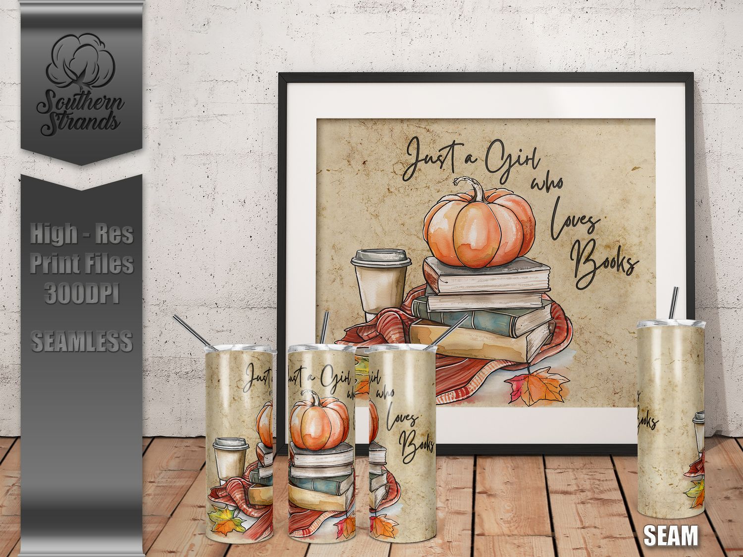 Watercolor Fall Books and Blanket - Just a Girl who Loves Books - 20oz Tumbler | SEAMLESS |  DIGITAL DESIGN