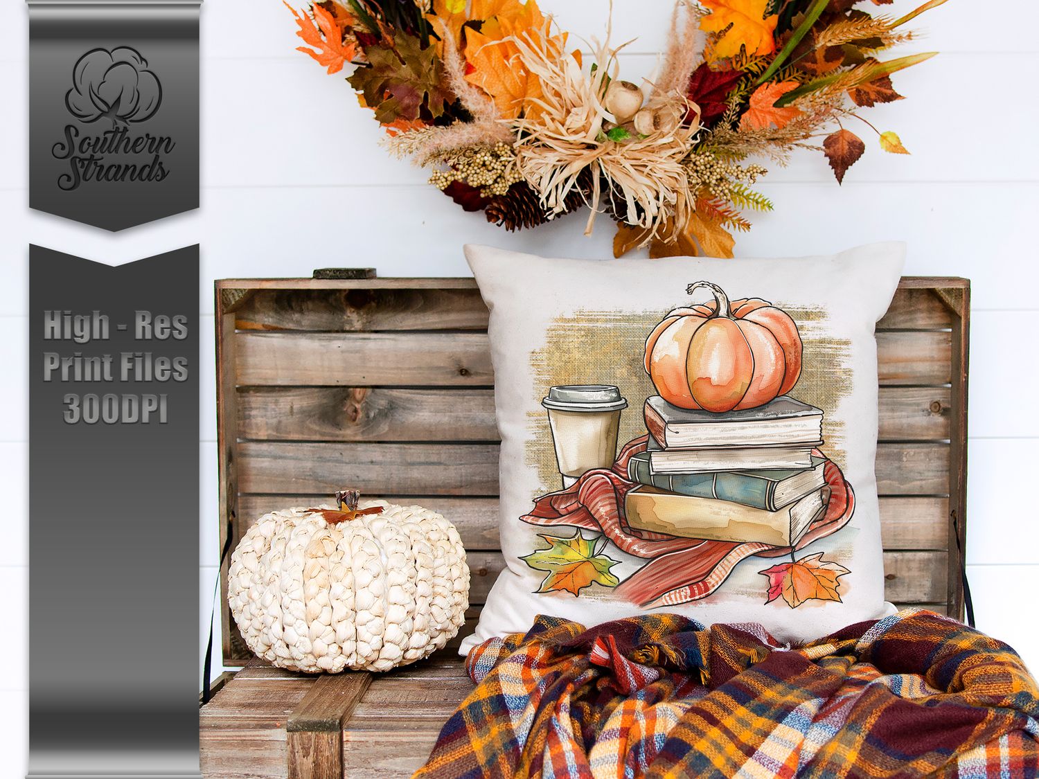 Watercolor Fall Books and Blankets - 3 Piece Design Set - Light Linen |  DIGITAL DESIGN