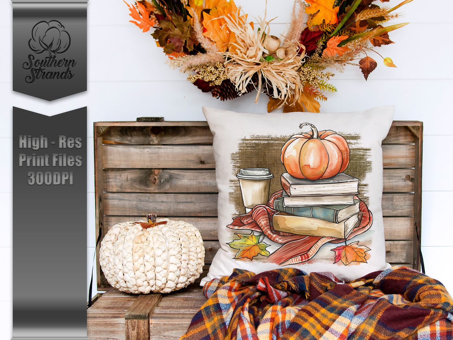 Watercolor Fall Books and Blankets - 3 Piece Design Set - Medium Linen |  DIGITAL DESIGN
