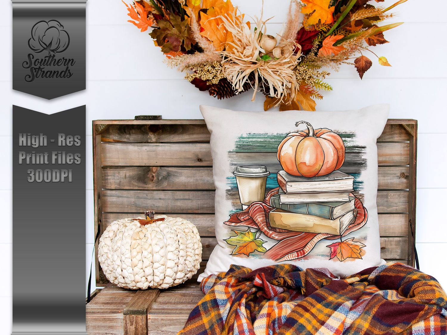 Watercolor Fall Books and Blankets - 3 Piece Design Set - Wooden Colors |  DIGITAL DESIGN
