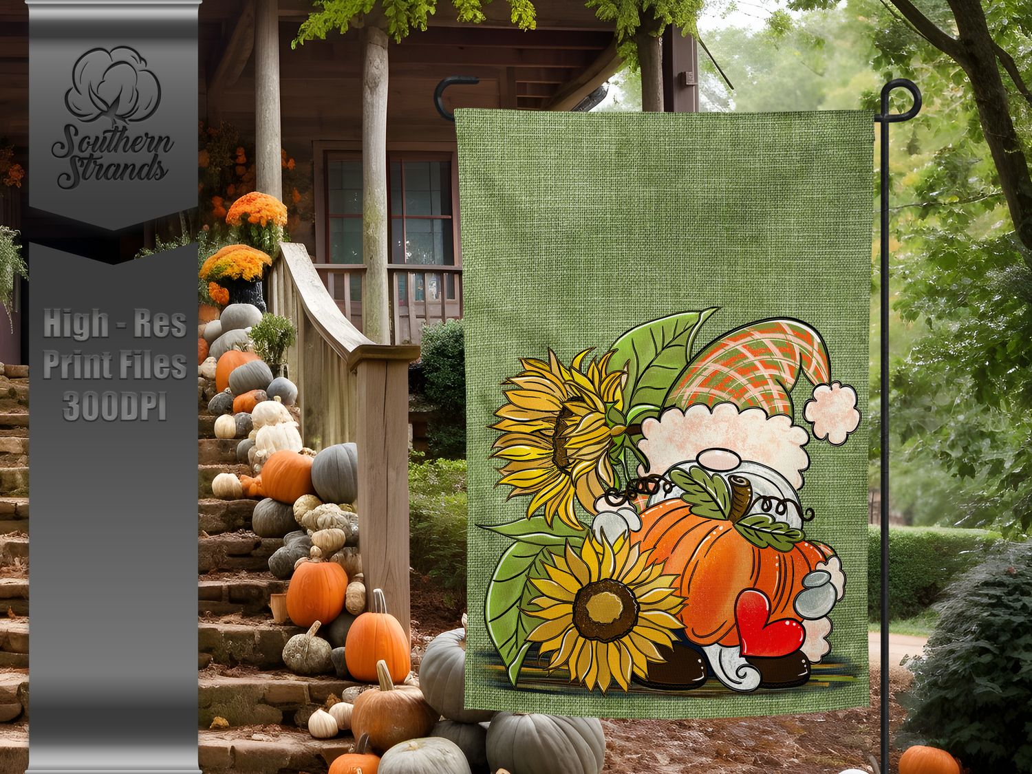Pumpkin Gnome with Sunflowers - Garden Flag - 12x18 |  DIGITAL DESIGN