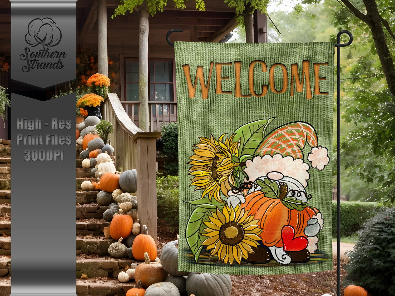 Pumpkin Gnome with Sunflowers - Welcome - Garden Flag - 12x18 |  DIGITAL DESIGN