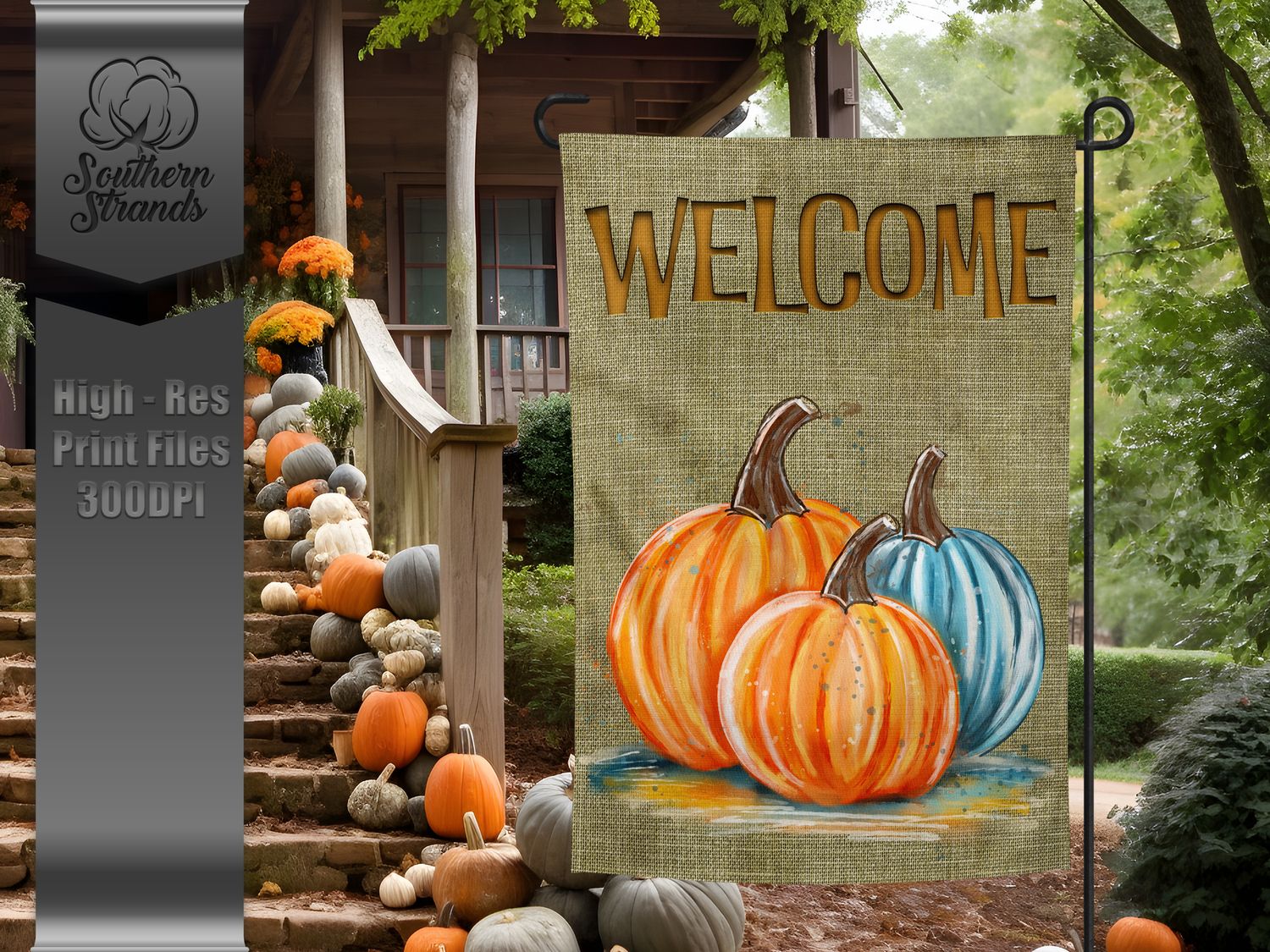 Triple Painted Pumpkins - Welcome - Garden Flag - 12x18 |  DIGITAL DESIGN