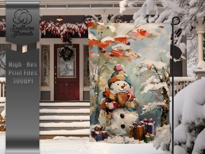 Painted Christmas Snowman with Gifts - Garden Flag - 12x18 |  DIGITAL DESIGN