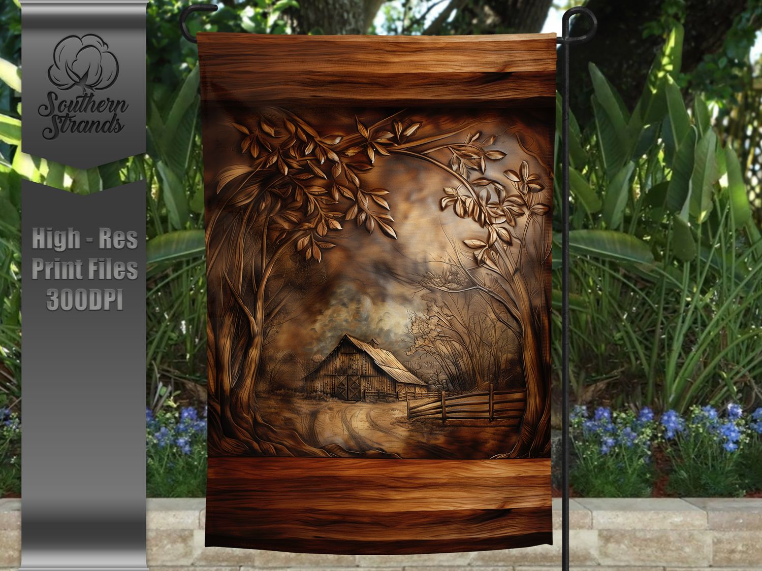 Leather Tooled Barn - Garden Flag - 12x18 |  DIGITAL DESIGN