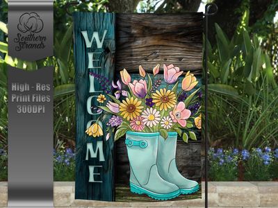 Boots Bouquet - WELCOME - Garden Flag - 12x18 |  DIGITAL DESIGN