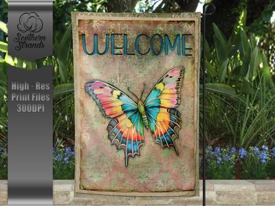 Painted Butterfly - Garden Flag - Welcome - 12x18 |  DIGITAL DESIGN