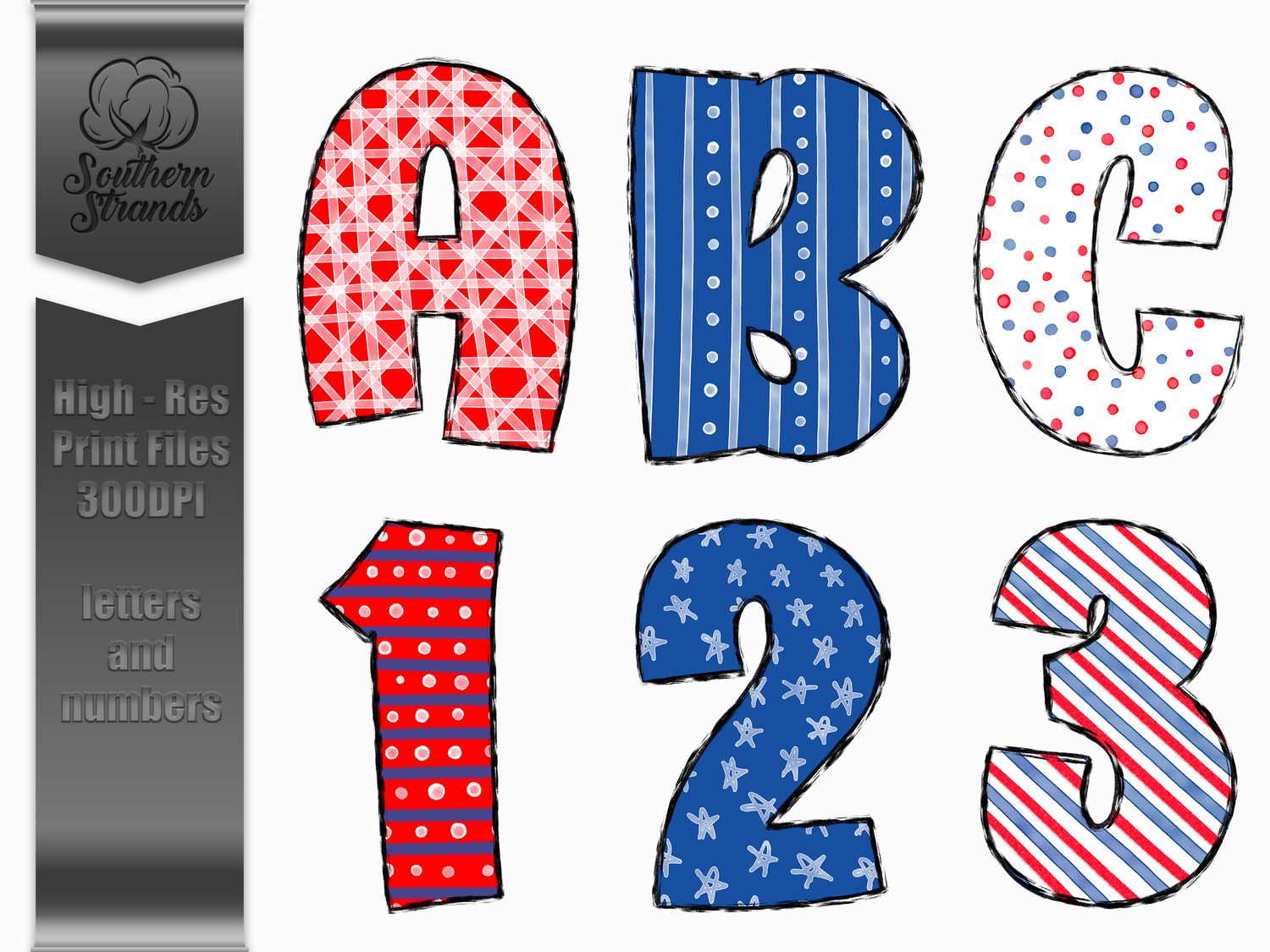 Red, White and Blue Doodle Alpha Collection | 6 Complete Sets |  DIGITAL DESIGN