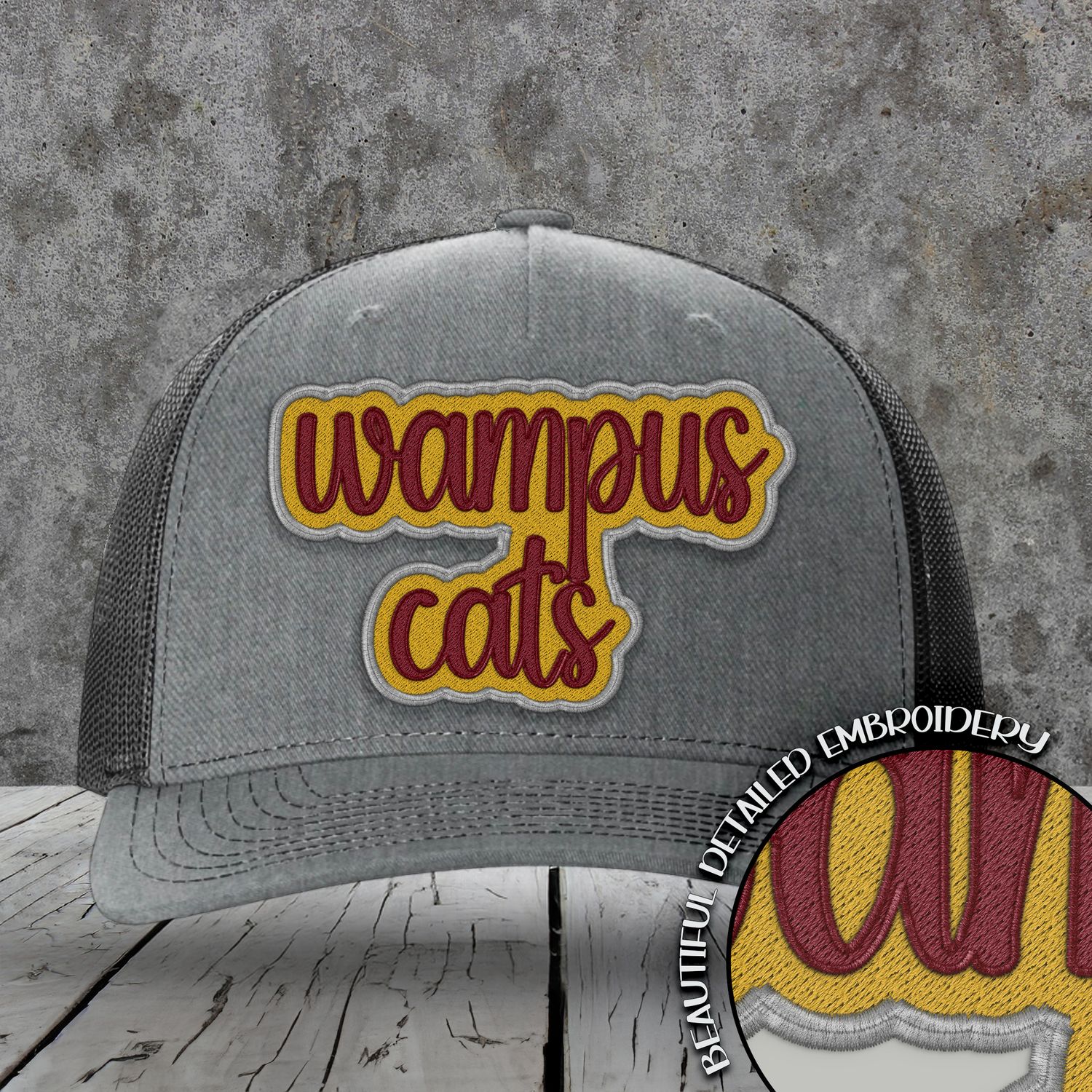 Mascot Embroidered Names | Wampus Cats | Maroon - Yellow Gold - Grey | DIGITAL DESIGN