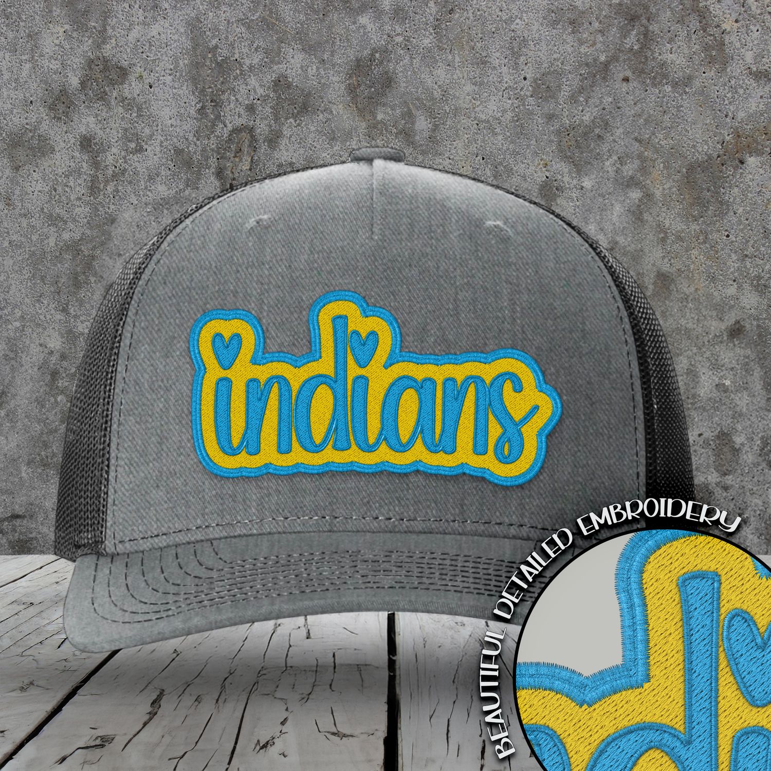 Mascot Embroidered Names | Indians | Columbia Blue - Yellow Gold | DIGITAL DESIGN