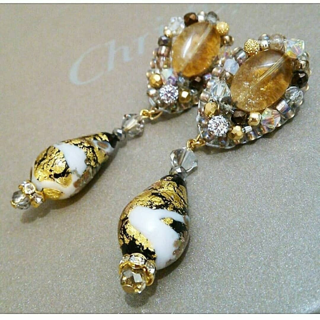 シトリンとヴェネチアンガラスの雫のピアス