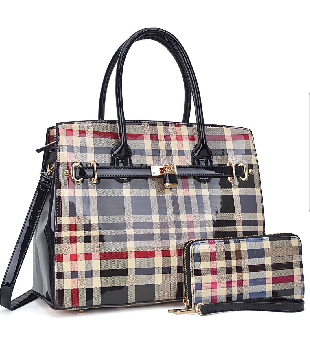 Black Plaid Tote with Wallet