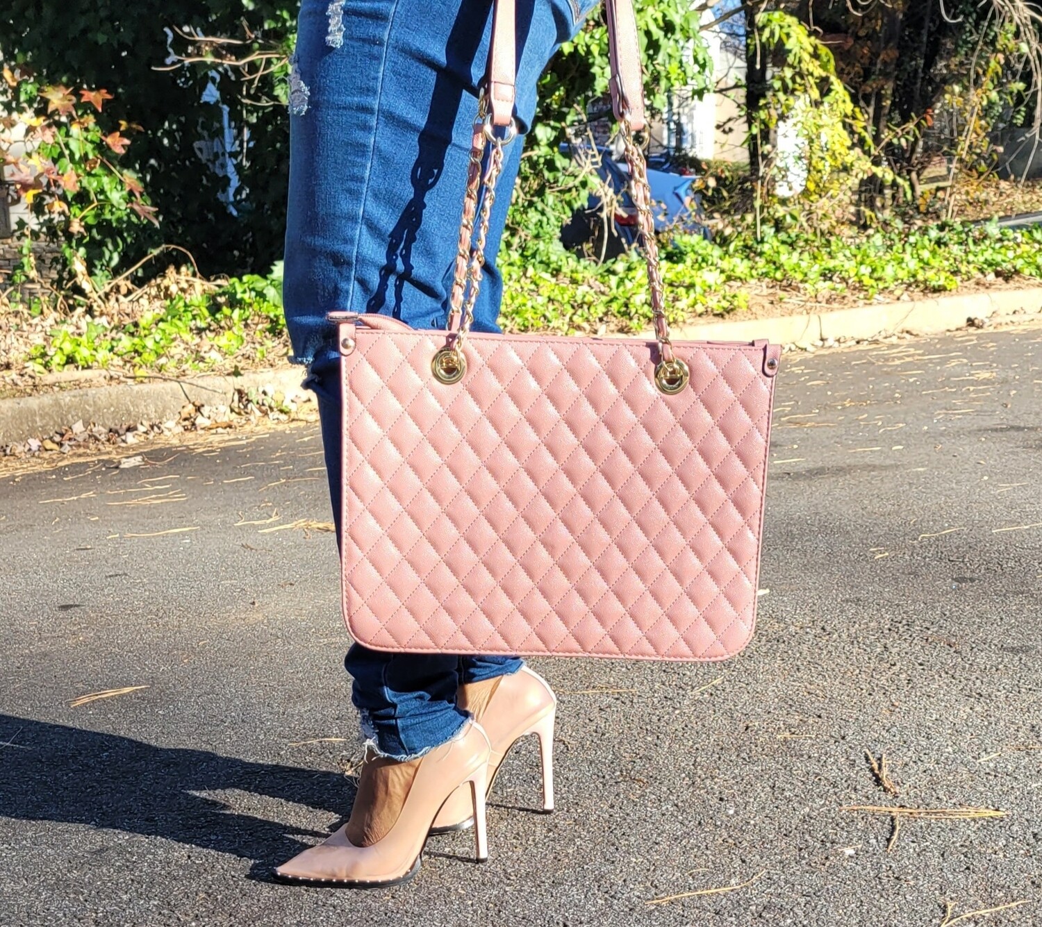 Blush Quilted Chain Tote