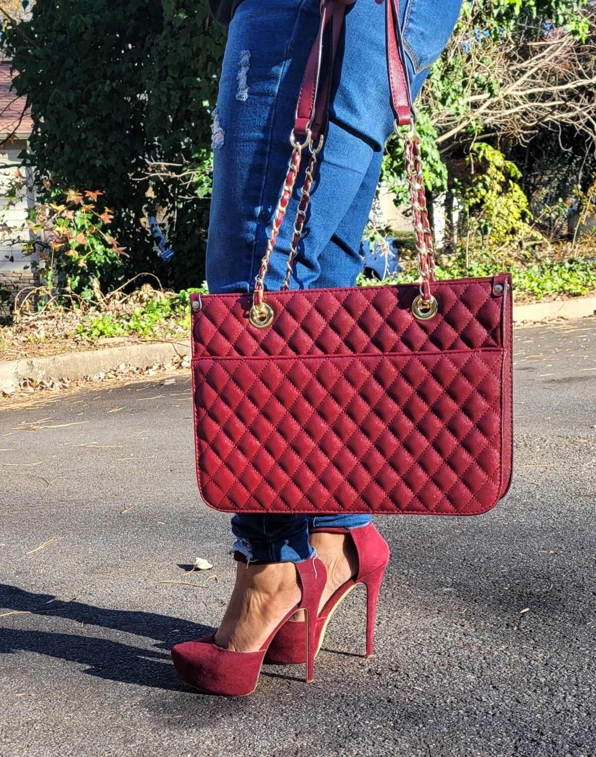 Wine Quilted Chain Tote