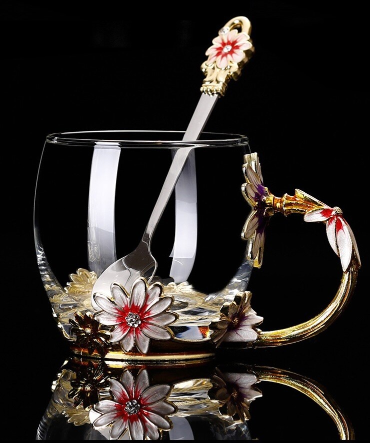 Кружка / чашка с ложкой LUXURY "Маргаритка" в подарочной коробке, 300мл., стекло