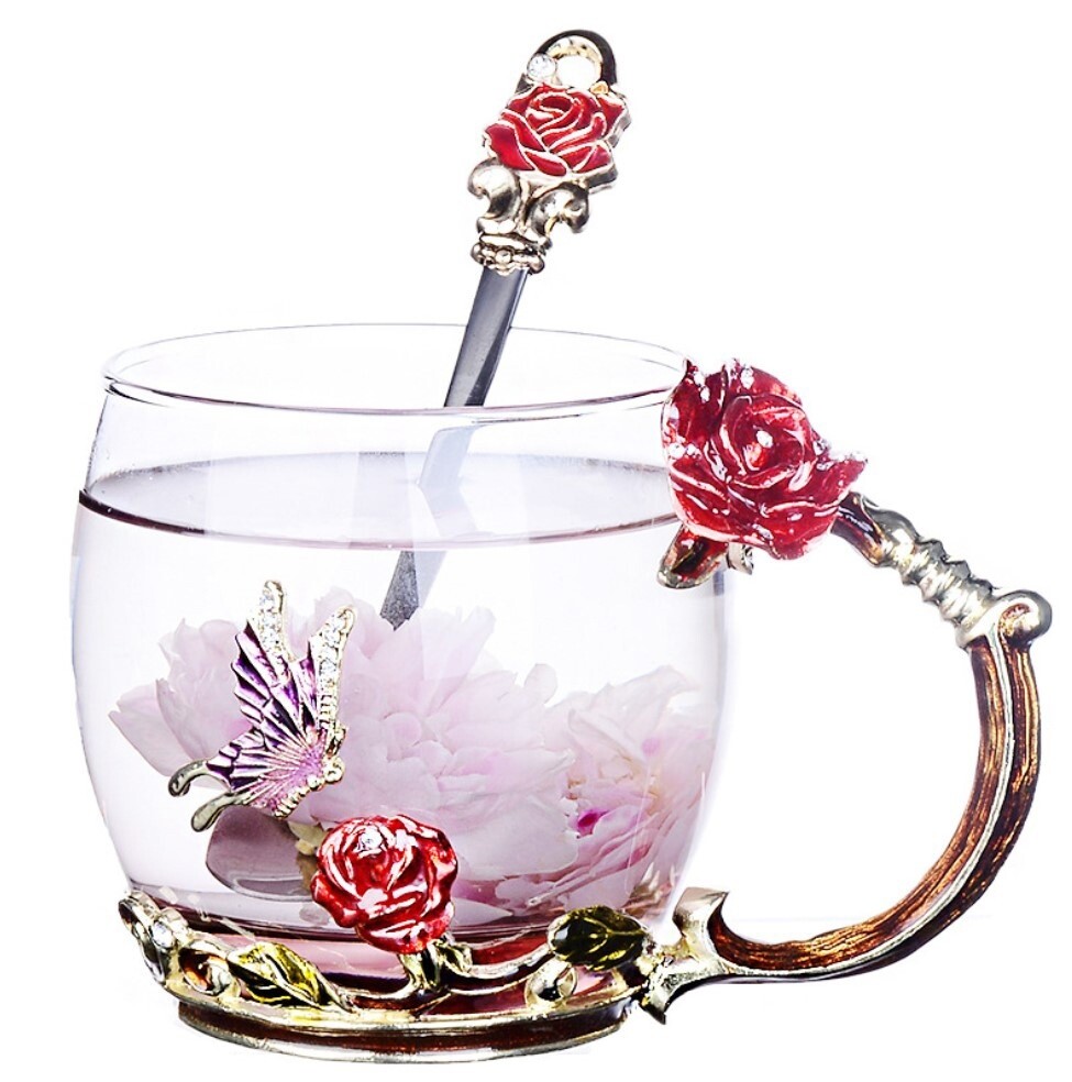 Кружка / чашка с ложкой LUXURY "Красная роза" в подарочной коробке, 320мл., стекло