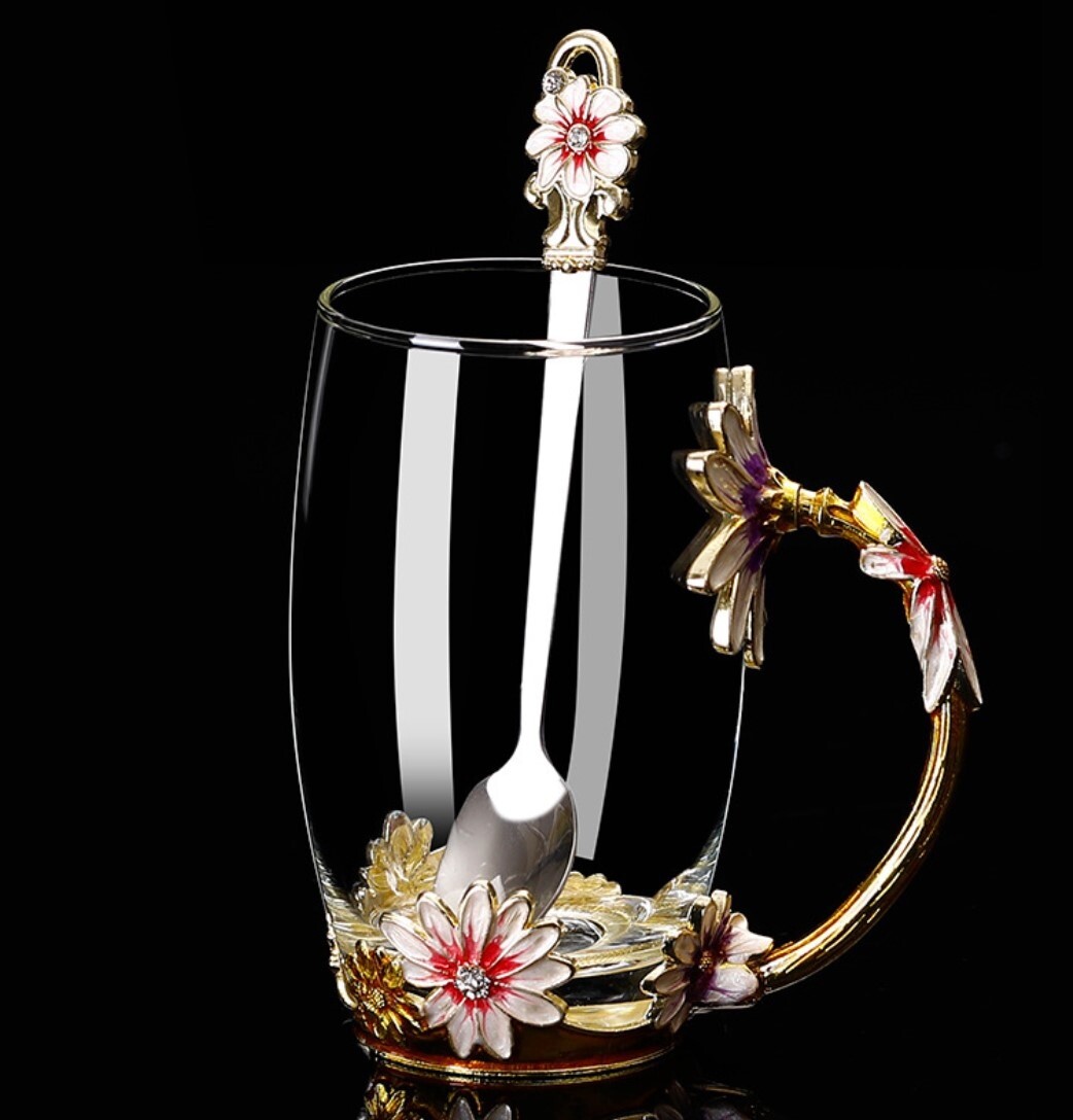 Кружка / чашка с ложкой LUXURY "Маргаритка" в подарочной коробке, 350мл., стекло