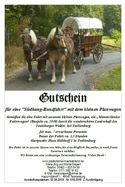 Gutschein, für eine 2-Stunden-Rundfahrt mit dem kleinen Planwagen bis 7 Personen