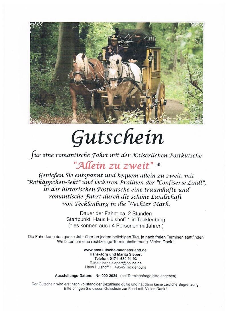 Gutschein für eine 2-Stunden-Fahrt mit der Kaiserlichen Postkutsche unter dem Motto: "Allein zu zweit".