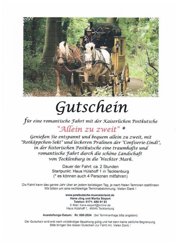 Gutschein für eine 2-Stunden-Fahrt mit der Kaiserlichen Postkutsche unter dem Motto: "Allein zu zweit".