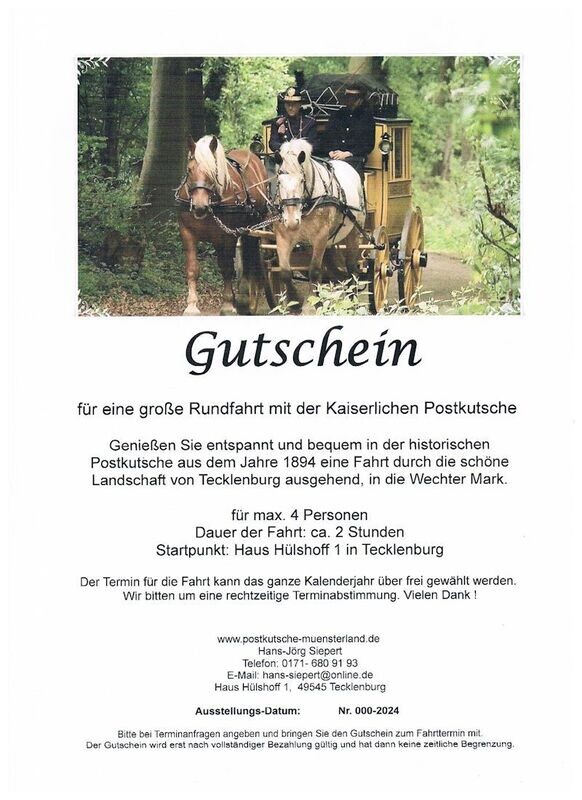 Gutschein für eine 2-Stunden-Fahrt mit der Kaiserlichen Postkutsche.