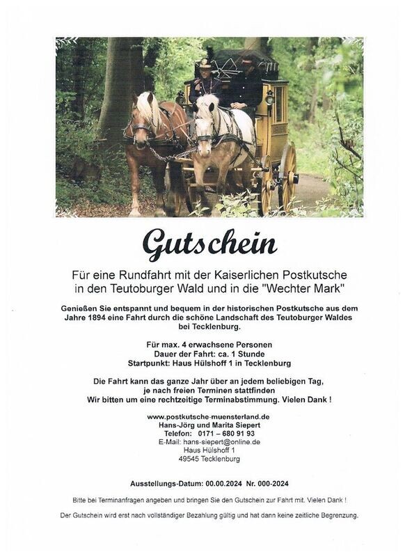Gutschein für eine Fahrt mit der Kaiserlichen Postkutsche + Genießer-Paket. Dauer: 1 Stunde