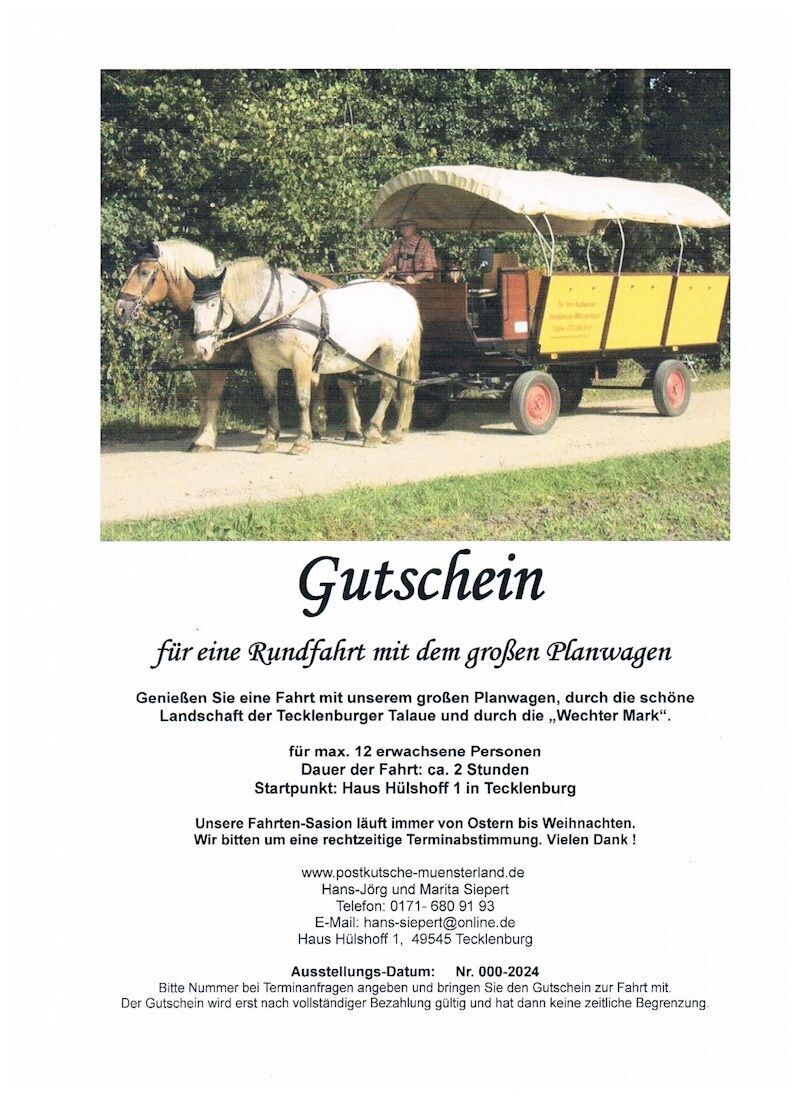 Gutschein, für eine Rundfahrt mit dem großen Planwagen bis 12 Personen