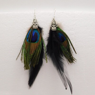 Hamsa Peacock Feather Earrings