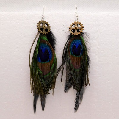 Burning Man Steampunk Peacock Feather Earrings