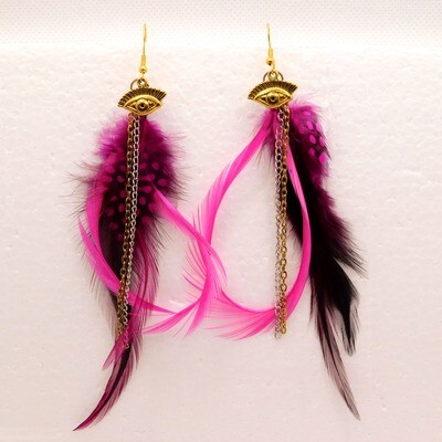 Gold Eye Pink Feather Earrings