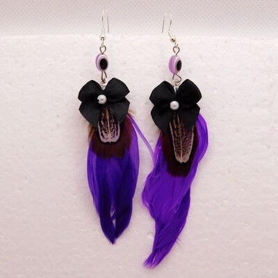 Purple Feather & Black Bow Earrings