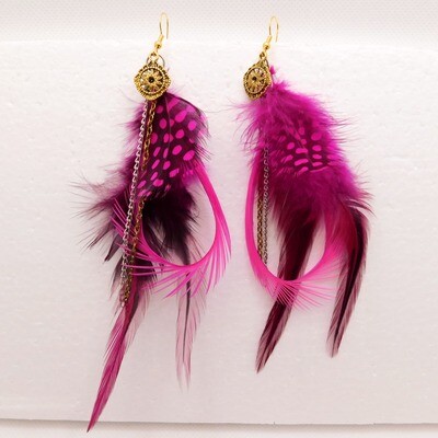 Gold Charm Pink Feather Earrings