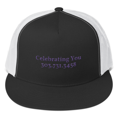Celebrating You Designer 5 Panel Trucker Hat - WNO Embroidered - Purple
