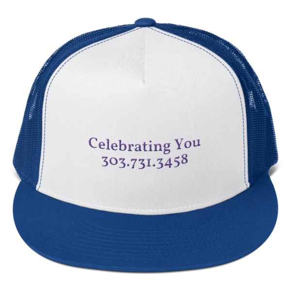 Celebrating You Designer 5 Panel Trucker Hat - WNO Embroidered - Purple