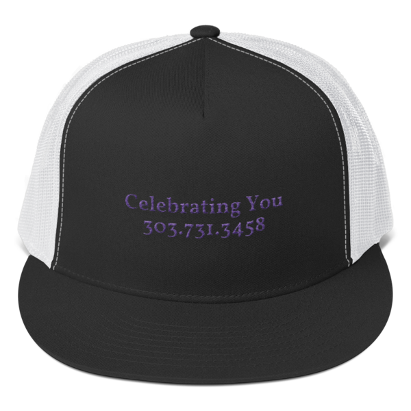 Celebrating You Designer 5 Panel Trucker Hat - WNO Embroidered - Purple, Color: Black/ White