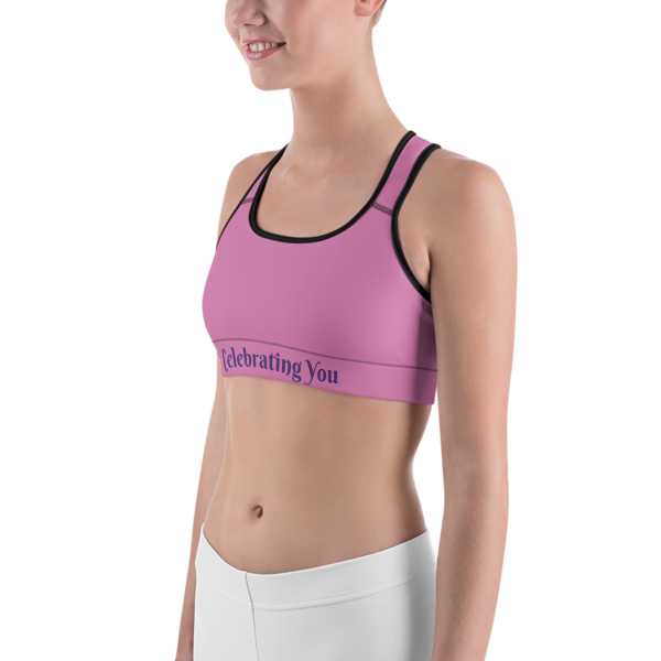 Celebrating You Designer Sports Bra - WNO - Purple on Light Pink